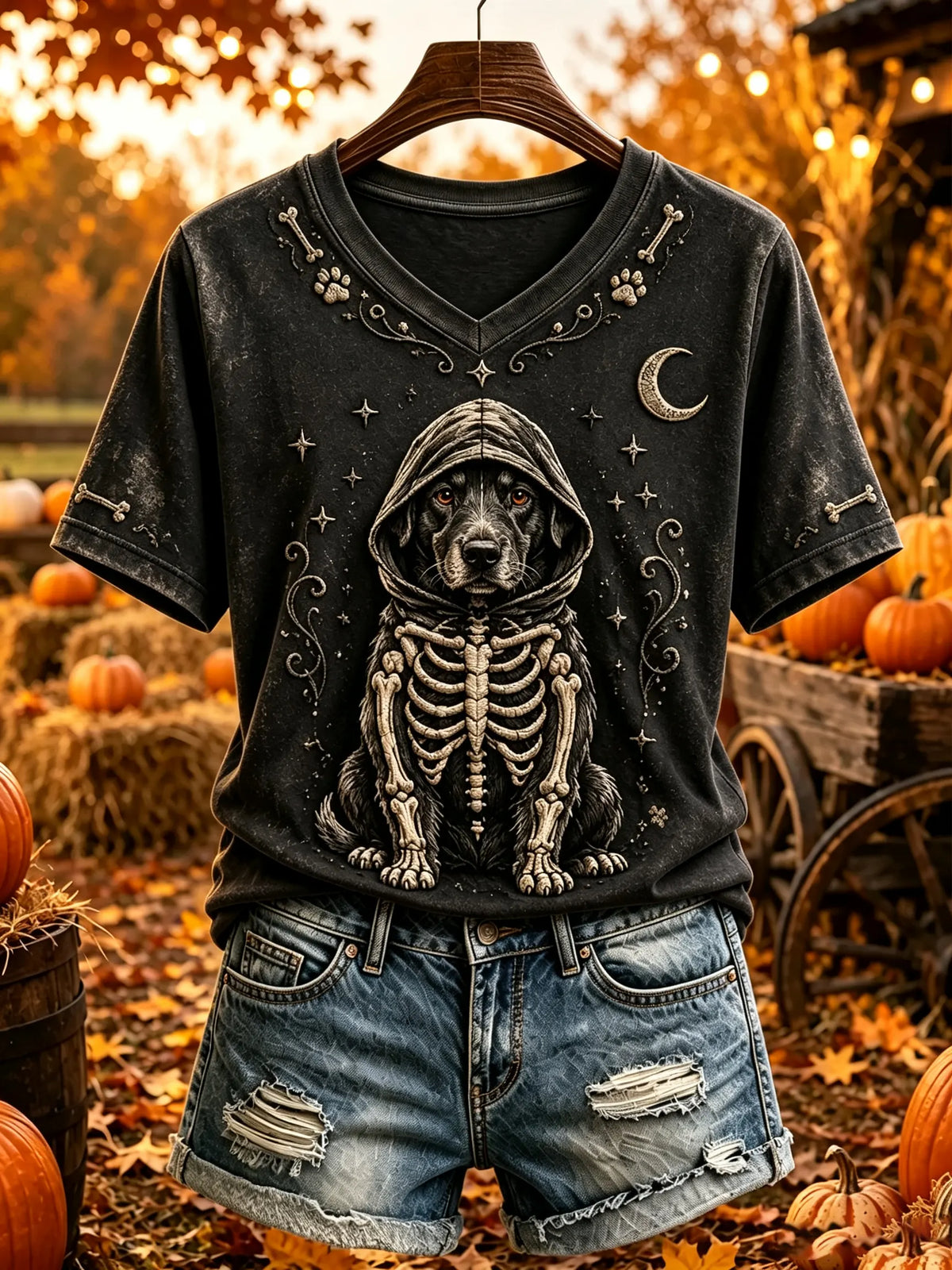 Women's Hooded Skeleton Dog Graphic V-Neck T-Shirt