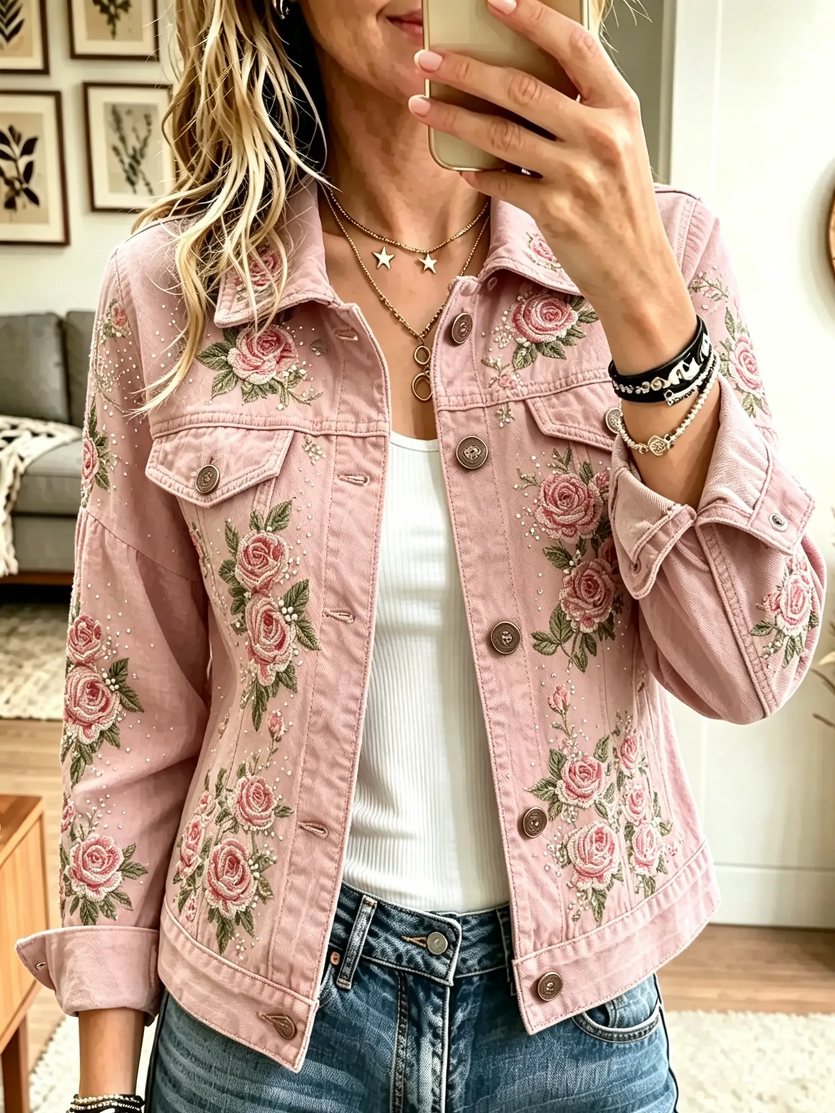 Women's Floral Print Beaded Pink Denim Jacket