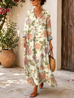 Retro Floral Pattern Art Print Casual V-neck Long Sleeve Cotton Linen Maxi Dress