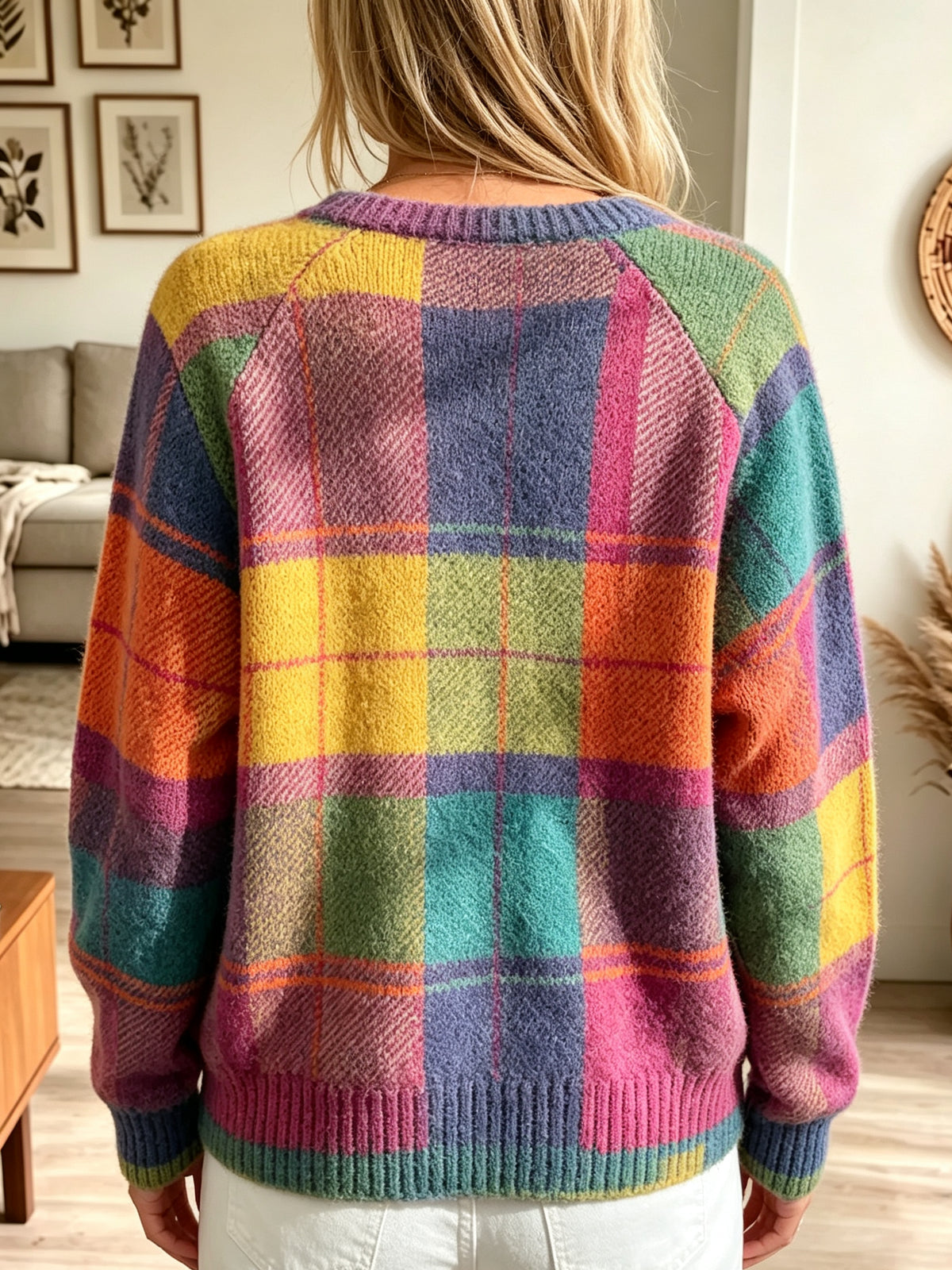 Women's Rainbow Plaid Button-Front Cardigan