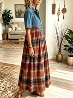 Women's Denim Yoke Plaid Maxi Dress