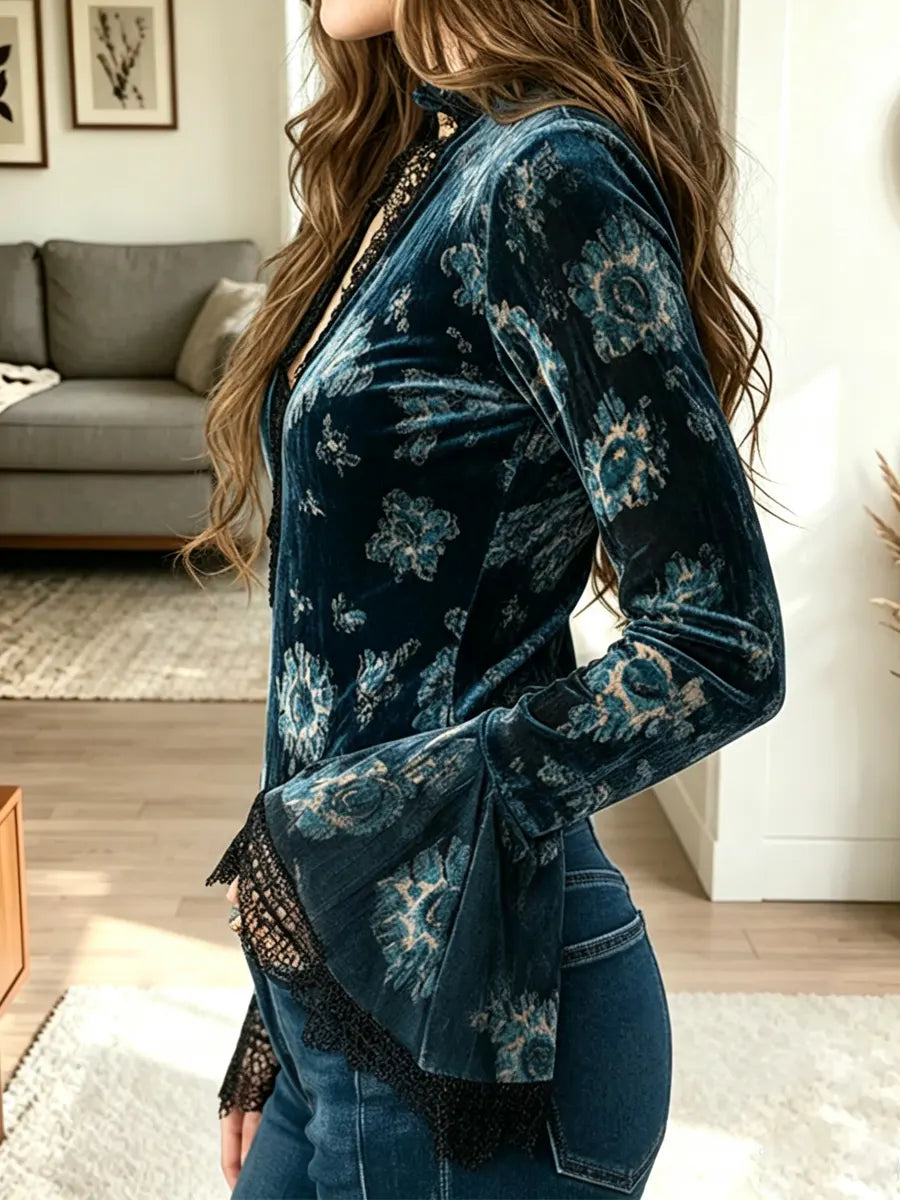 Retro Floral Lace Patchwork Art Casual Stylish Long Sleeve Velvet Top