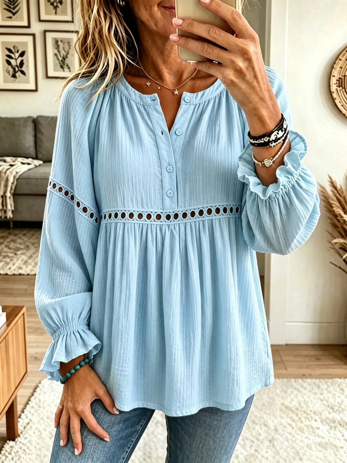Women's Eyelet Lace Trim Babydoll Tunic Blouse