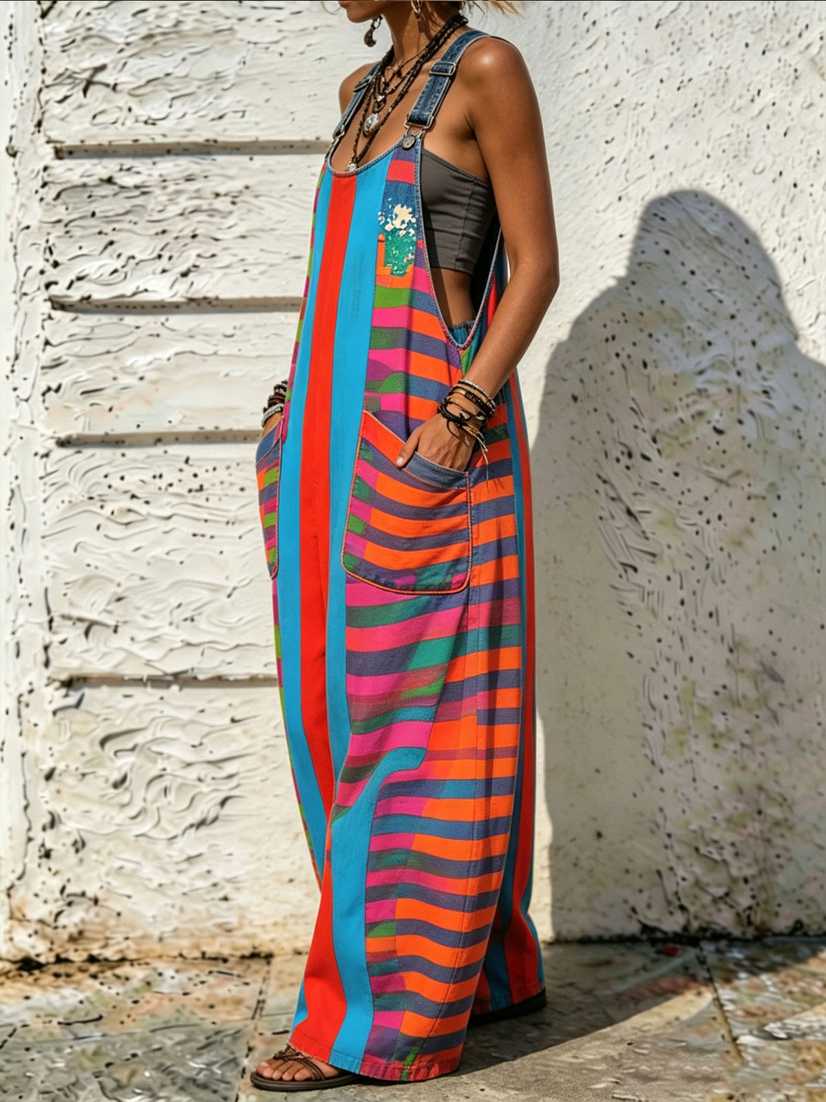 Women's Colorful Stripe Denim Strap Wide Leg Pocket Overalls Jumpsuit