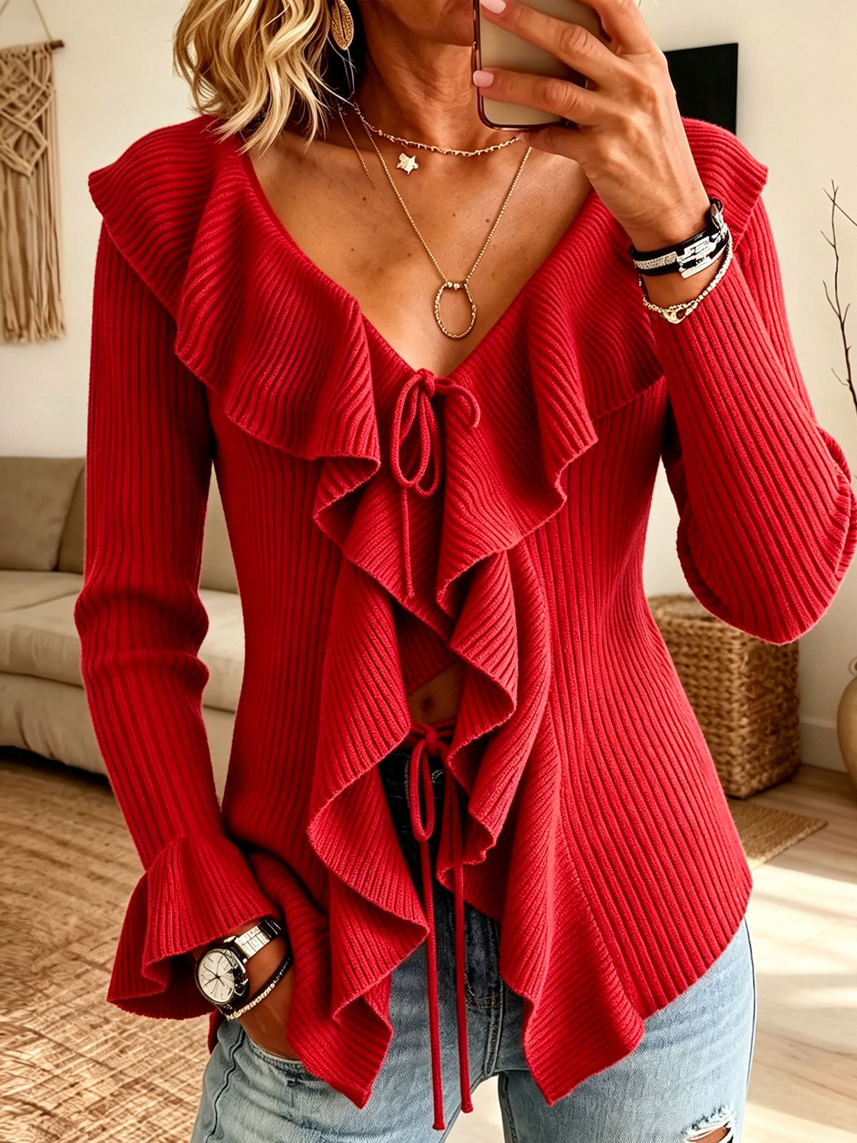 Women Flared Long Sleeve Tie‑front Ruffle V‑neck Knit Top Ribbed Sweater Blouse