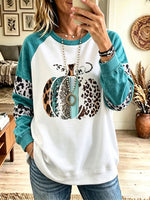 Women Western Patchwork Pumpkin Raglan Crewneck Sweatshirt