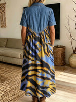 Women’s Denim Collar Colorful Tiger Stripe Spliced Midi Shirt Dress