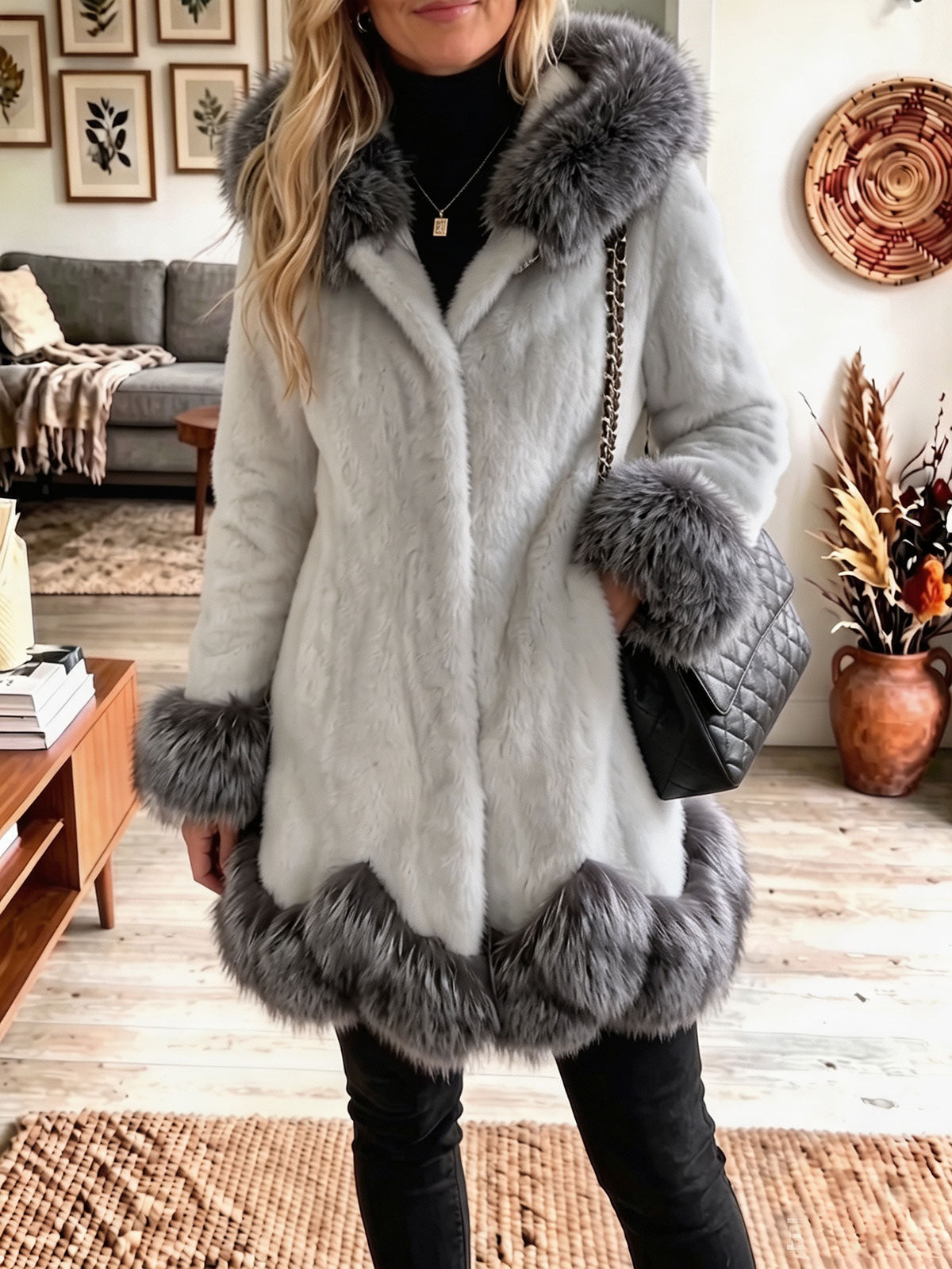 Hooded Faux Fur Contrast Trim Mid‑Length Coat Women Warm Winter Outerwear