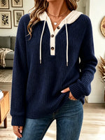 Retro Elegant Button Hooded Loose Art Casual Stylish Long Sleeve Top