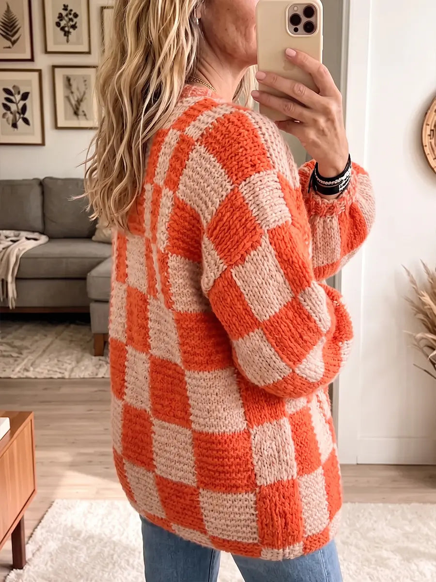Vintage Elegant Patchwork Plaid Sweater Coat