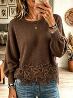 Women's Scalloped Lace Hem Crewneck Sweater