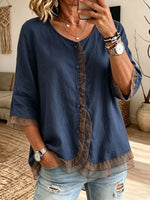Round Neck Mesh Ruffle Trim Button Down 3/4 Sleeve Linen Blouse