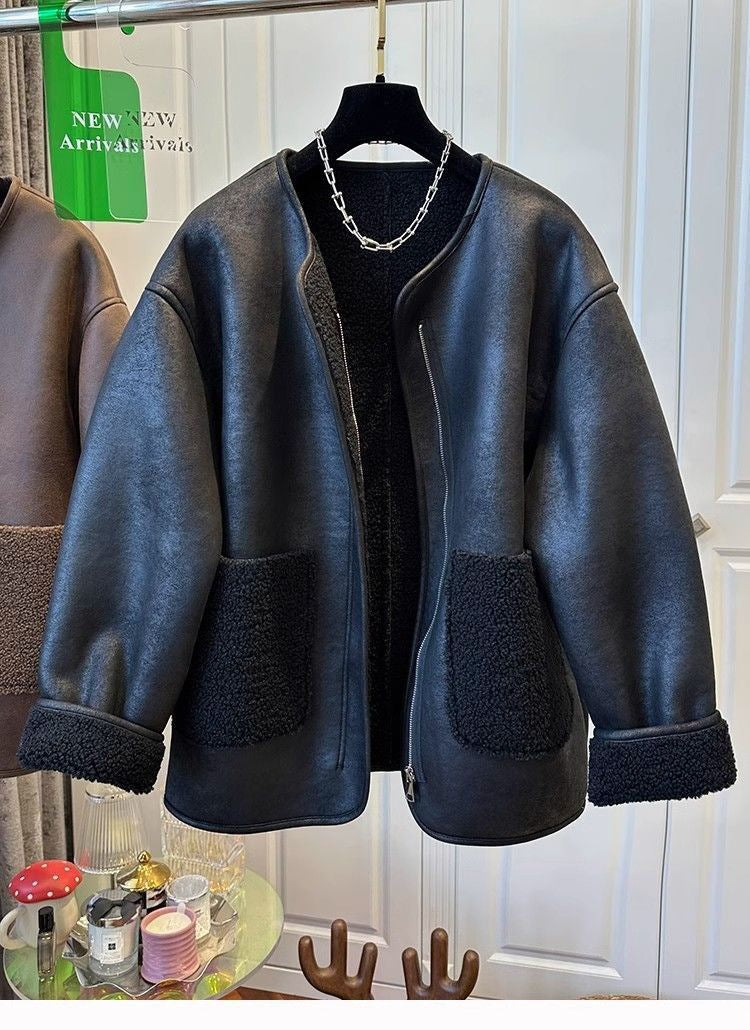 Women Drop Shoulder Pocket Vintage Faux Leather Sherpa Lined Zip JacketOuterwear