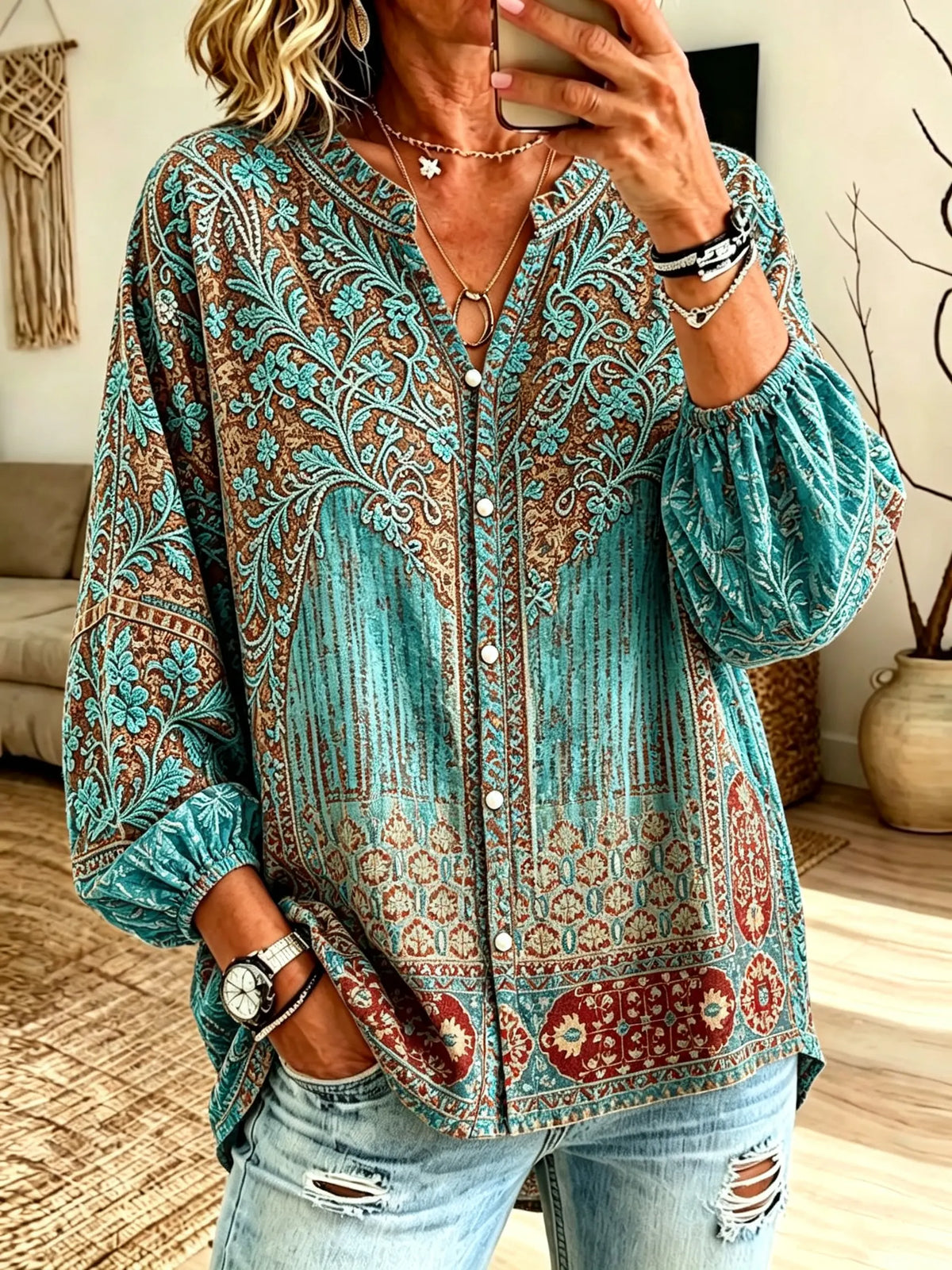 Women's Ethnic Geometric Vintage Print Puff Sleeve V-Neck Blouse