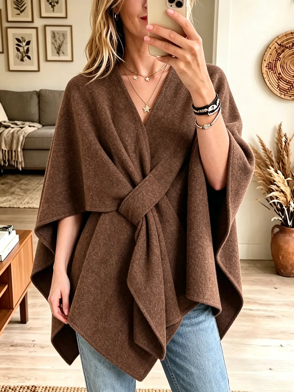 Women's Front-Knot Draped V-Neck Woolen Poncho Wrap