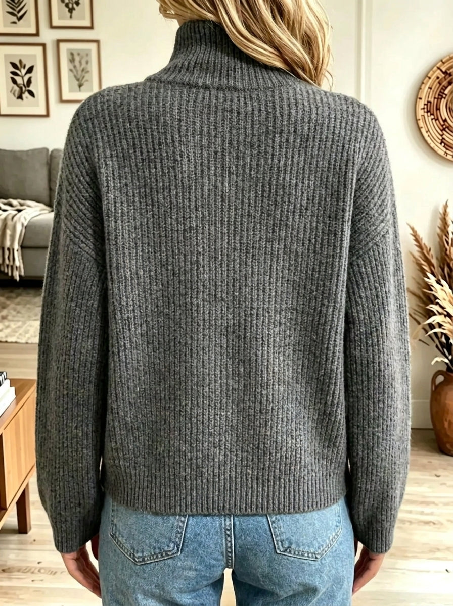 Women's High-Neck Tie-Belt Ribbed Knit Cardigan