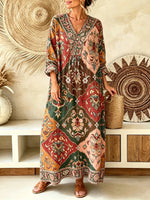 Women's Ethnic Geometric Floral Patchwork Print V-Neck Maxi Dress