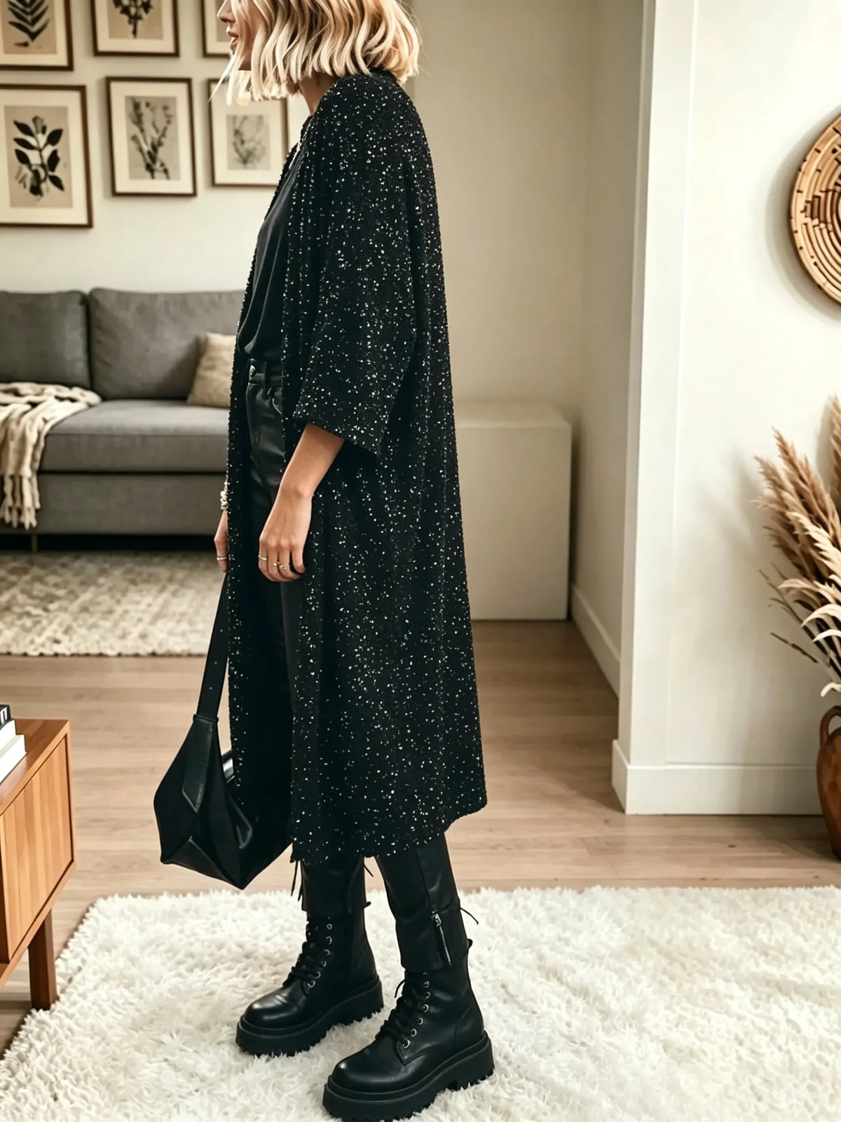 Women's Sequin Embellished Longline Kimono Duster