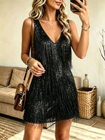 Women's V-Neck Sequin Fringe Flapper Mini Dress