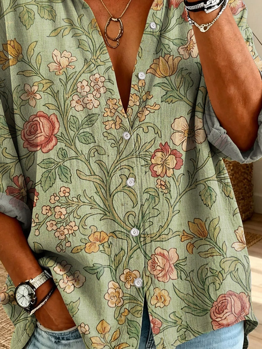 Women's Floral Pattern Art Print Casual Long Sleeve Linen Shirt