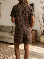 Women’s Hooded Leopard Print Short Sleeve Button Front Denim Romper With Pockets
