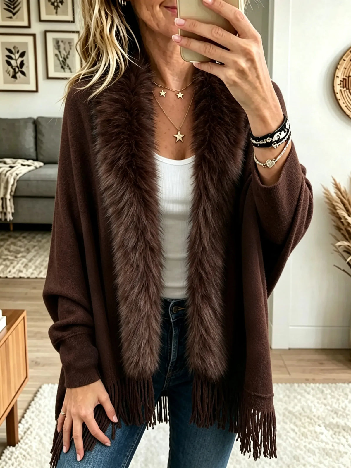 Women's Faux Fur Trim Fringe Poncho Cardigan