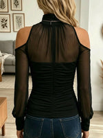 Women's Sheer Mesh Cold-Shoulder Ruched Top