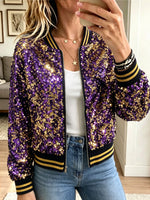 Women Multicolor Sequin Bomber Jacket Zip‑Up Long Sleeve Ribbed Collar Party Coat