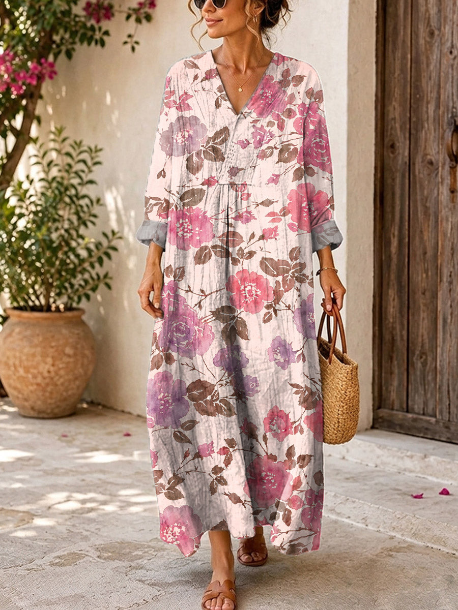 Retro Floral Pattern Art Print Casual V-neck Long Sleeve Cotton Linen Maxi Dress