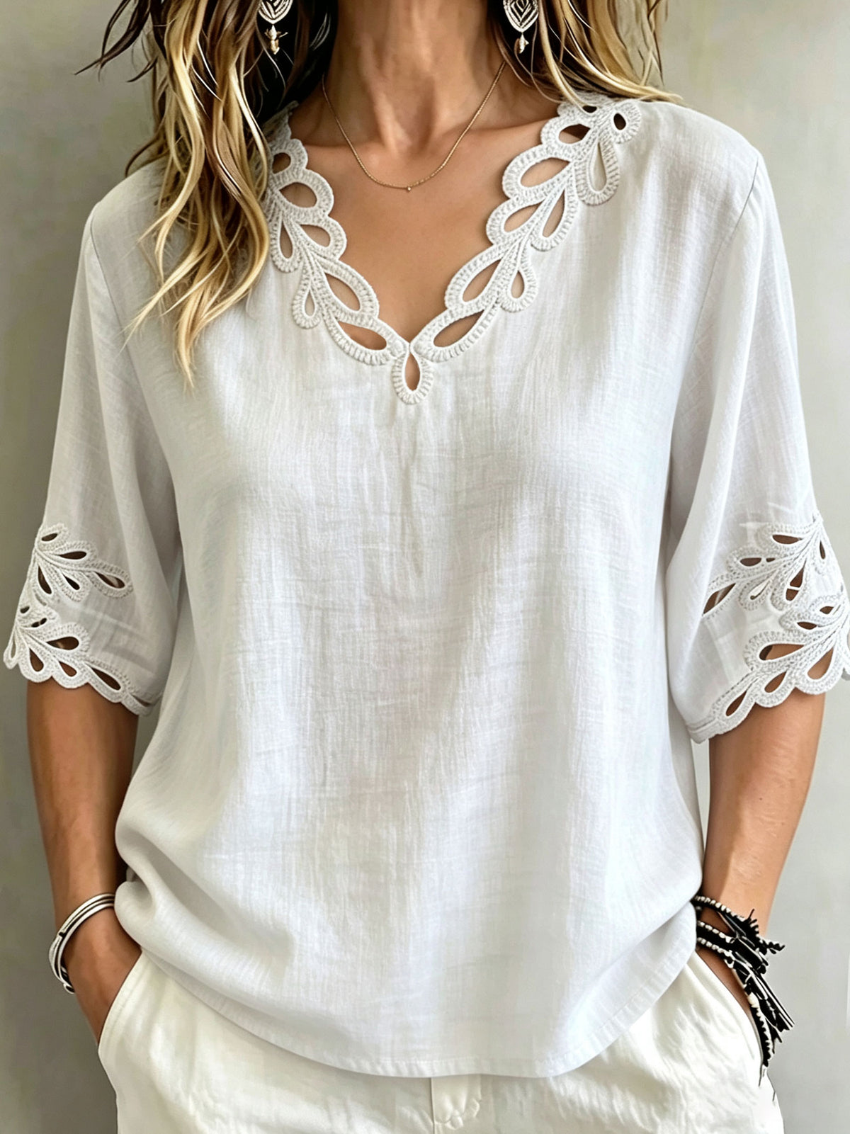 Women's Lace Cutout V Neck Three Quarter Sleeve Loose Casual Blouse