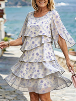 Women’s Light Purple Floral Split Flare Sleeve Tiered Ruffle Chiffon Mini Dress