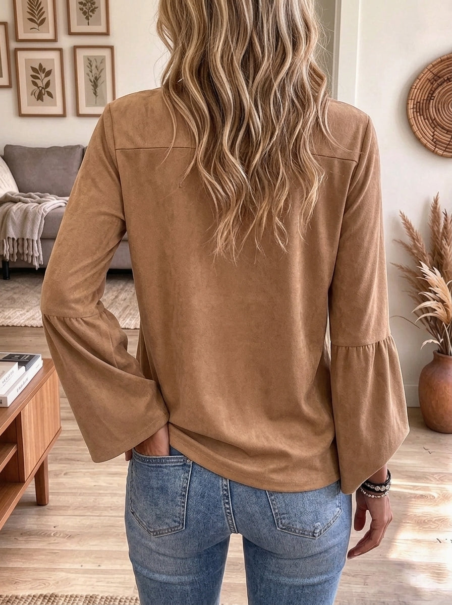 Women's Leopard Patchwork Fringe Faux Suede Blouse