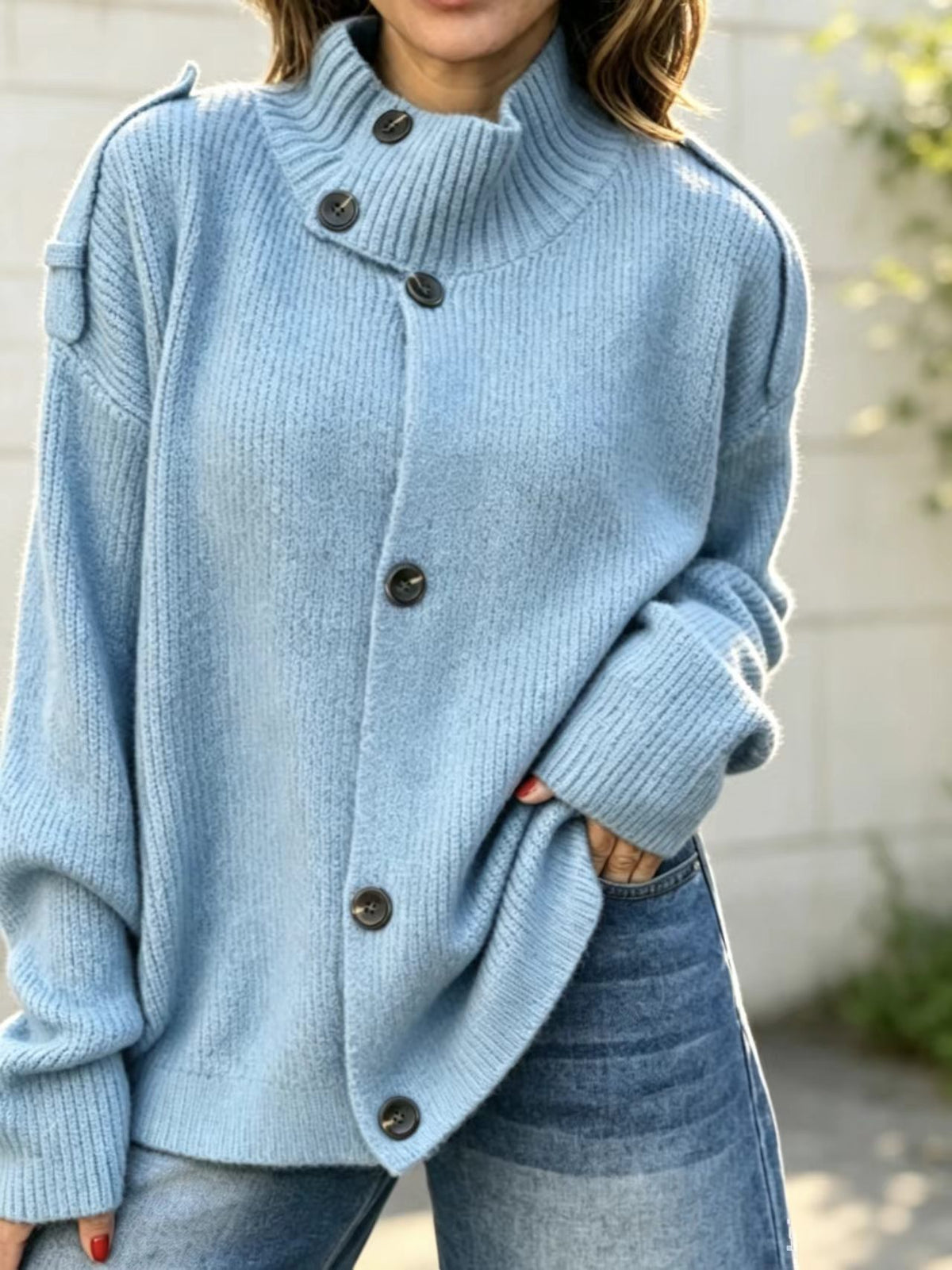 Stand Collar Button‑Down Shoulder Detail Knit Cardigan