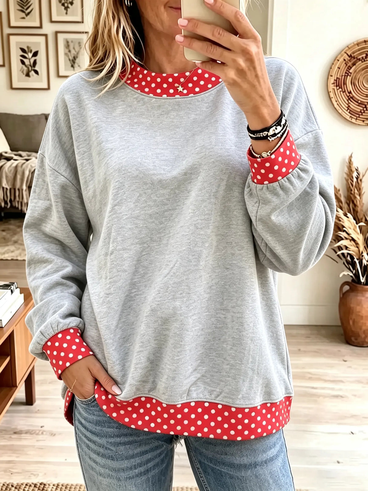 Women's Polka Dot Contrast Trim Crewneck Sweatshirt