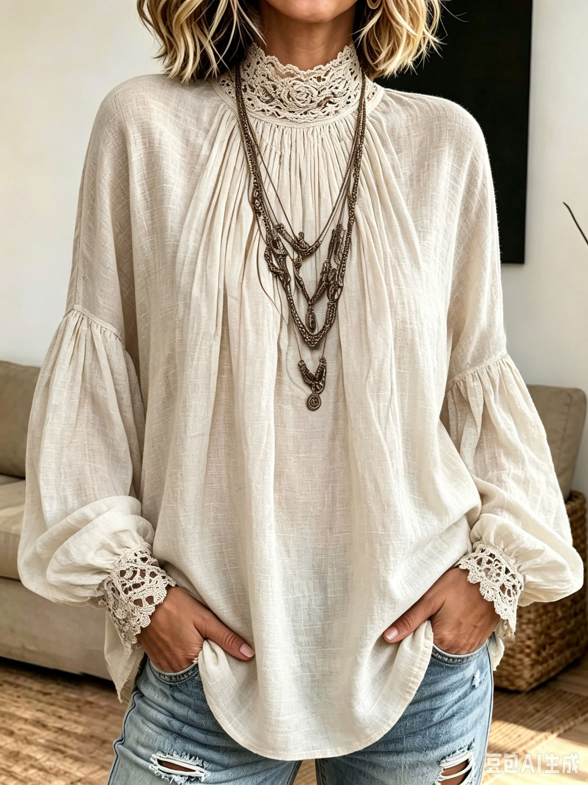 Women Loose Linen‑look Tunic Boho Lace Mock Neck Lantern Long Sleeve Blouse Top