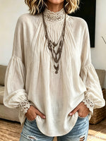 Women Loose Linen‑look Tunic Boho Lace Mock Neck Lantern Long Sleeve Blouse Top