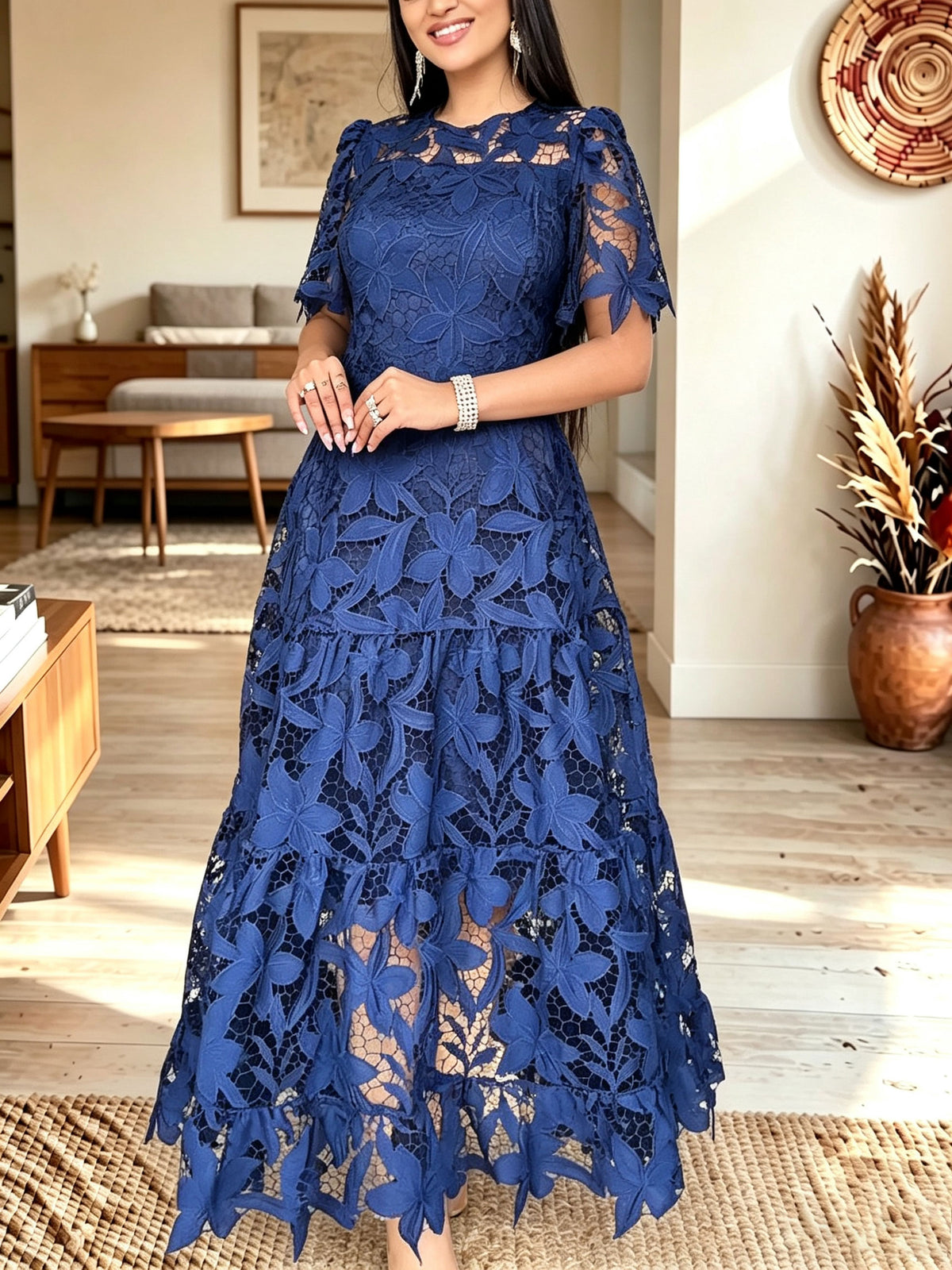 Women Navy Floral Lace Short Sleeve Tiered Maxi Dress