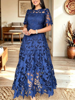 Women Navy Floral Lace Short Sleeve Tiered Maxi Dress