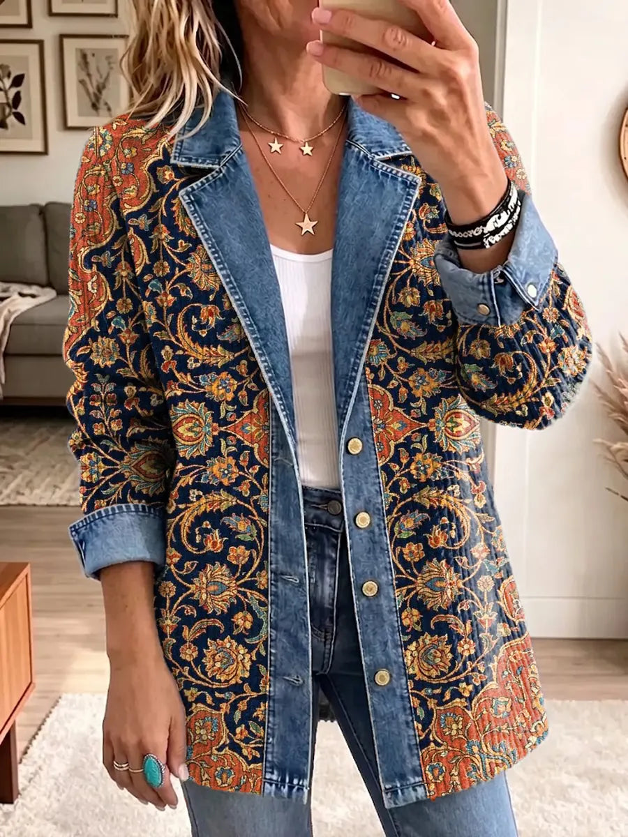 Retro Ethnic Floral Pattern Art Casual Denim Patchwork Stylish Long Sleeve Coat