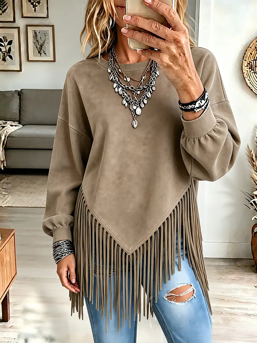 Vintage Elegant Round Neck Patchwork Tassel Suede Shirt