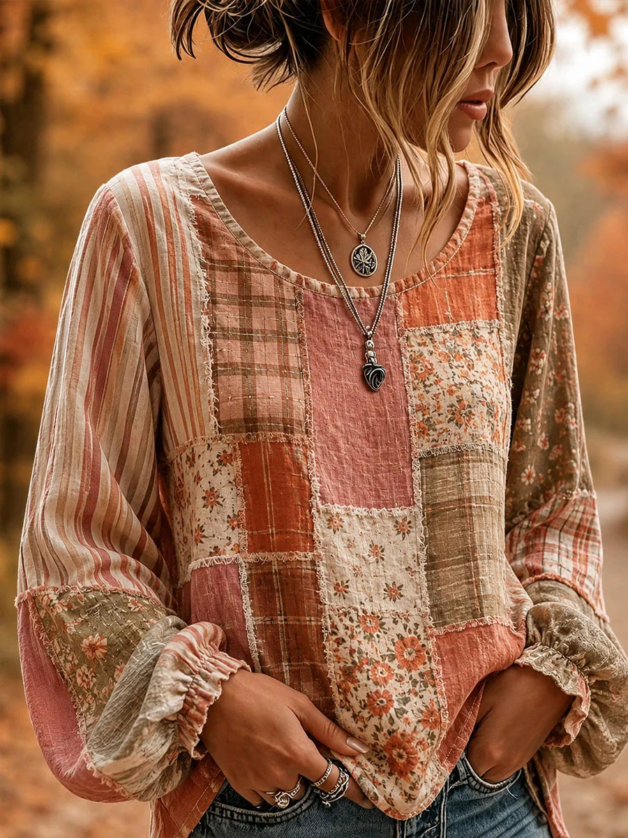 Women's Raw Edge Floral Plaid Patchwork Top