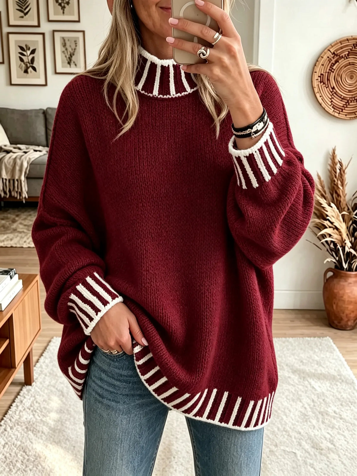 Women's Striped Trim Mock Neck Sweater
