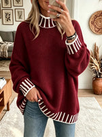 Women's Striped Trim Mock Neck Sweater
