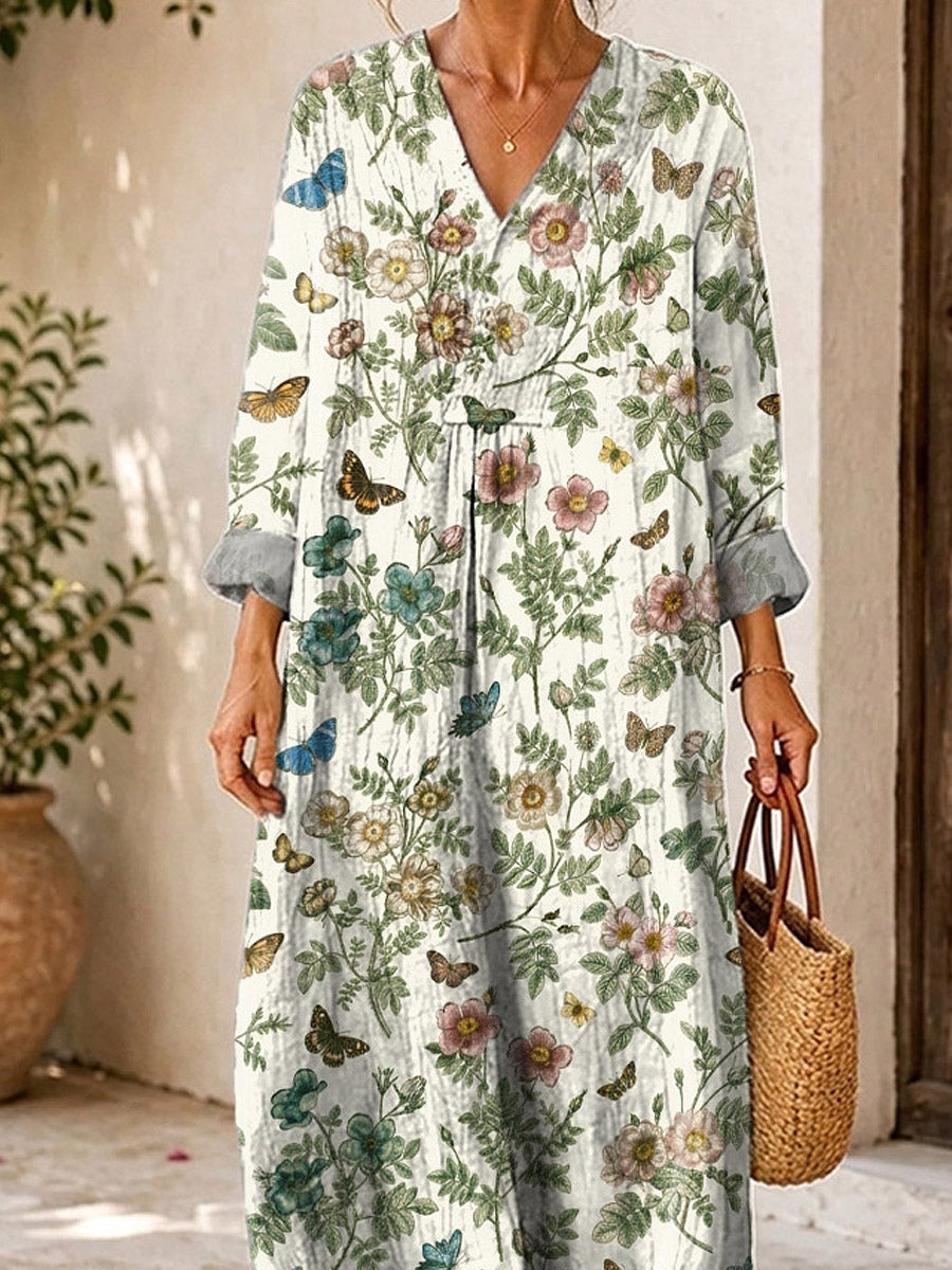 Retro Floral Butterfly Pattern Art Print Casual V-neck Long Sleeve Cotton Linen Maxi Dress