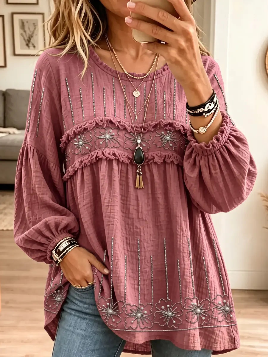 Women's Vintage Elegant Textured Crinkle Ruffle Babydoll Tunic Blouse