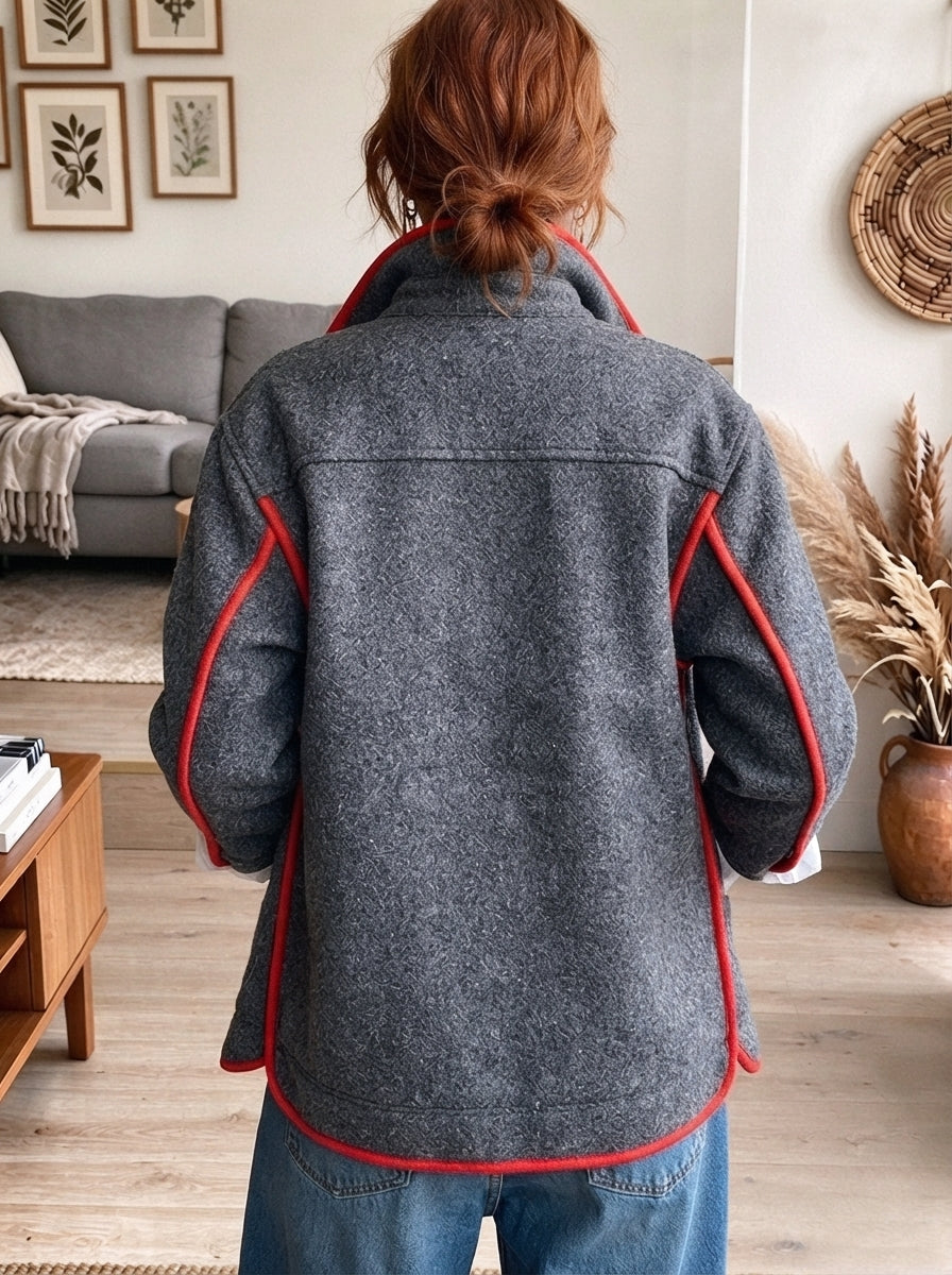 Women's Grey Oversized Woolen Jacket with Bold Red Piping Trim