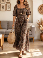 Women's Leopard Print Square Neck Puff Sleeve Midi Dress with Pockets