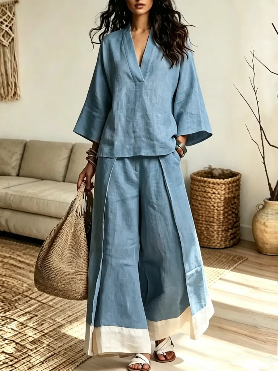 Retro 3/4 Sleeve Art Casual Stylish Top And Wide Leg Pants Two-piece Sets