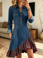 Women's Plaid Asymmetrical Hem Denim Shirt Dress