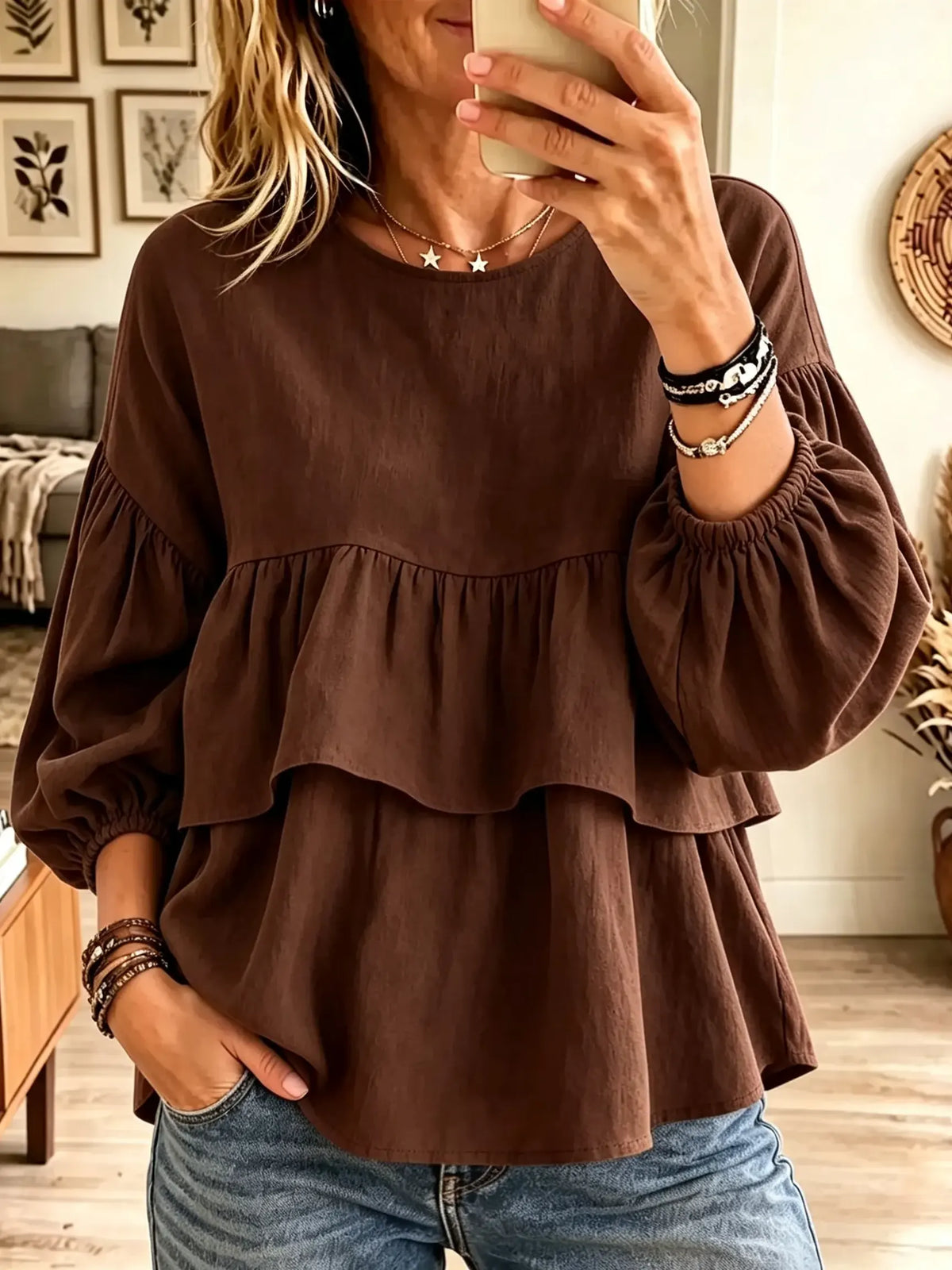 Women's Tiered Ruffle Balloon Sleeve Babydoll Blouse